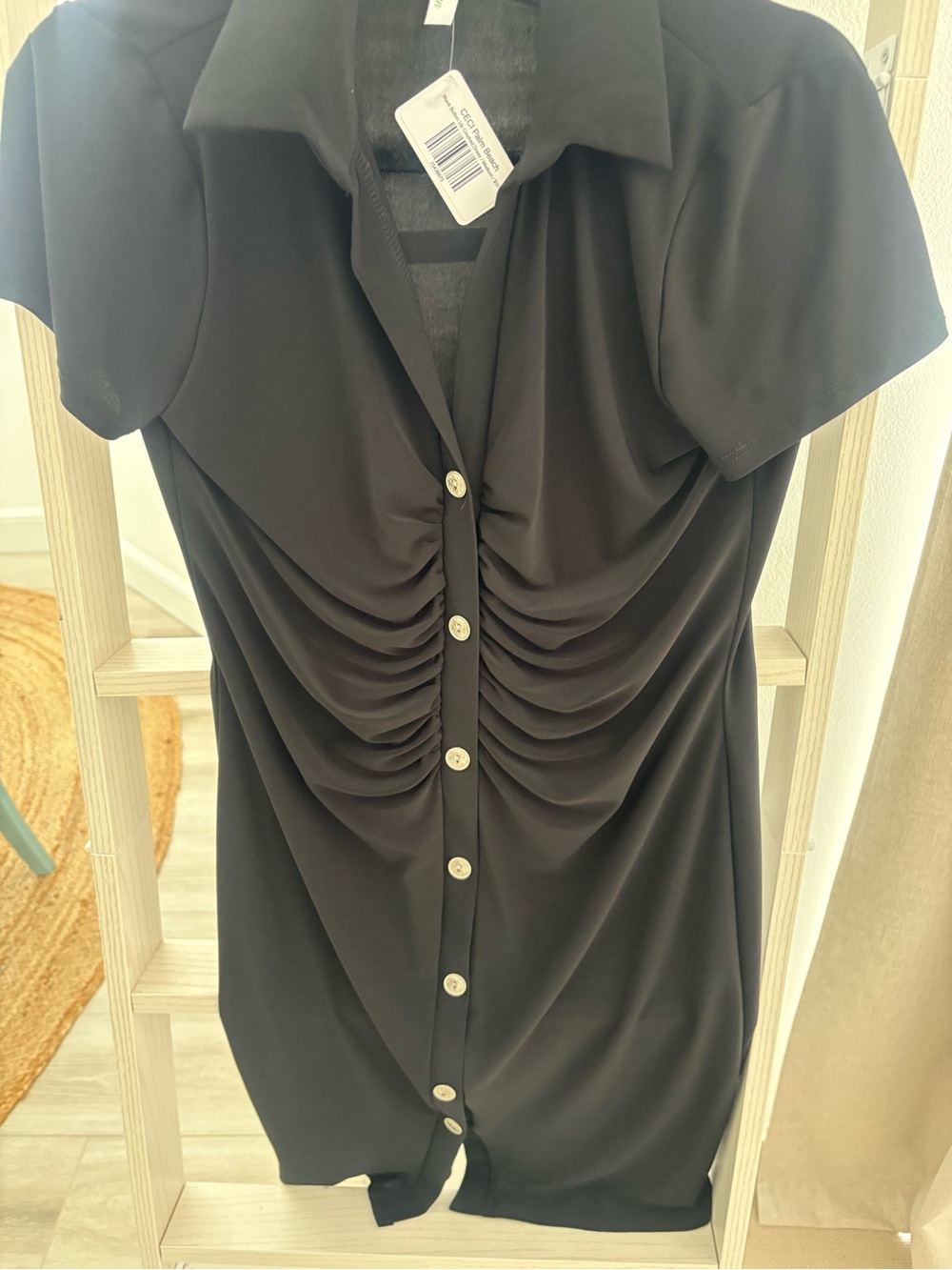 C&C California Black Ruched Button-Front Mini Dress